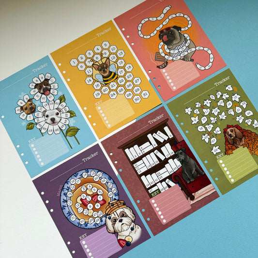 Diary of a doggo includes customisable daily trackers, pick a topic and a colour key and fill in daily. includes cute illustrations of different dog breeds with different monthly themes. 